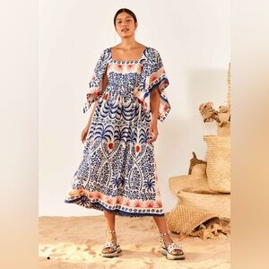 Blue & White Printed Midi Dress with Puff Sleeves